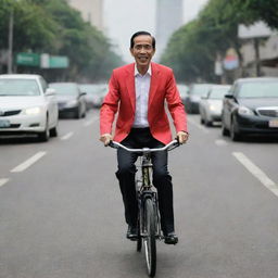 Indonesian President Joko Widodo, popularly known as Jokowi, wearing a presidential outfit and riding a bicycle in a city street setting