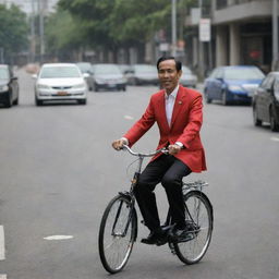 Indonesian President Joko Widodo, popularly known as Jokowi, wearing a presidential outfit and riding a bicycle in a city street setting