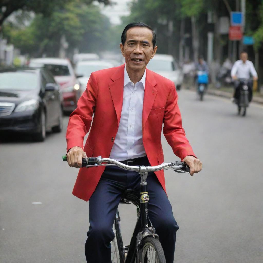 Indonesian President Joko Widodo, popularly known as Jokowi, wearing a presidential outfit and riding a bicycle in a city street setting