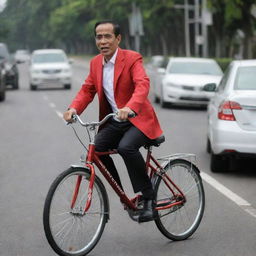 Indonesian President Joko Widodo, popularly known as Jokowi, wearing a presidential outfit and riding a bicycle in a city street setting