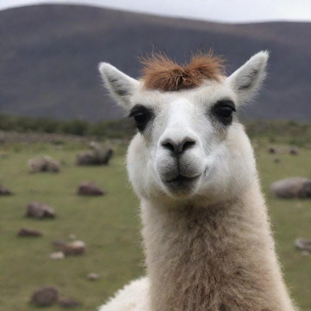 A lama is captured in a still frame from a video, with its quirky expressions and fuzzy body detailed against a scenic backdrop.