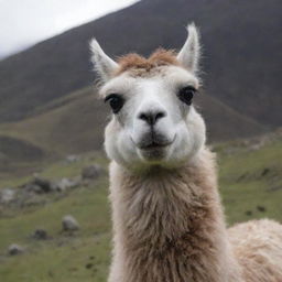 A lama is captured in a still frame from a video, with its quirky expressions and fuzzy body detailed against a scenic backdrop.