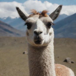 A lama is captured in a still frame from a video, with its quirky expressions and fuzzy body detailed against a scenic backdrop.