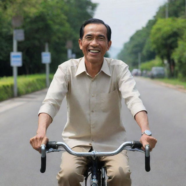 Joko Widodo, President of Indonesia, dressed in casual attire, joyfully riding a bicycle on a sunny day with clear skies