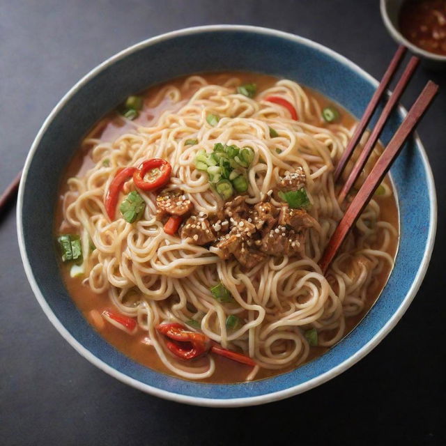 A vivid image showcasing a bowl full of delicious, steaming hot noodles, with a pair of chopsticks resting on top.