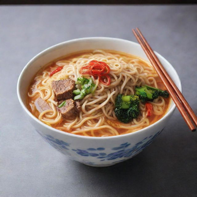 A vivid image showcasing a bowl full of delicious, steaming hot noodles, with a pair of chopsticks resting on top.