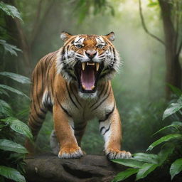 A powerful tiger roaring in the lush, dense jungle scenery.