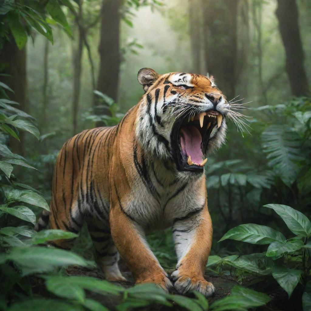 A powerful tiger roaring in the lush, dense jungle scenery.