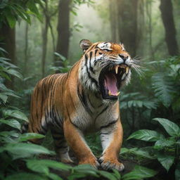 A powerful tiger roaring in the lush, dense jungle scenery.