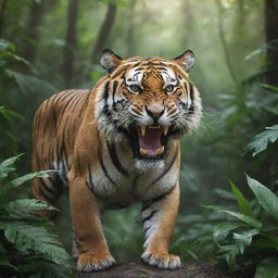 A powerful tiger roaring in the lush, dense jungle scenery.