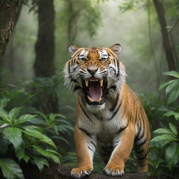 A powerful tiger roaring in the lush, dense jungle scenery.