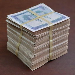 A large stack of 5 lakh rupees neatly arranged on a polished wooden table