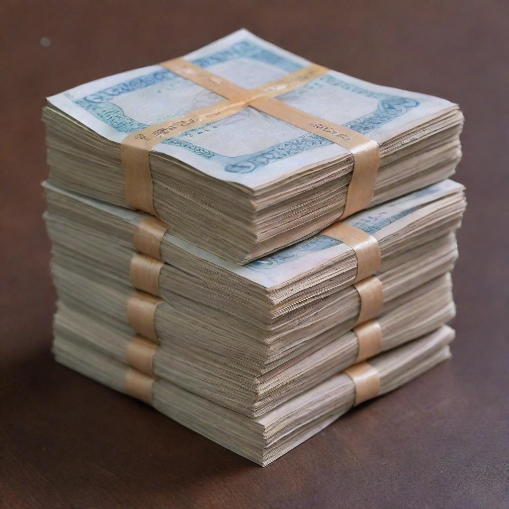 A large stack of 5 lakh rupees neatly arranged on a polished wooden table