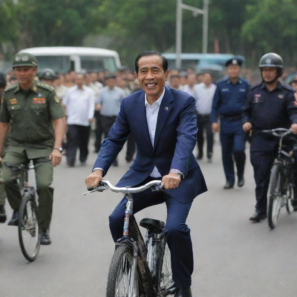 President Jokowidodo riding a bicycle in a public area, with a joyful expression with security detail in the background.