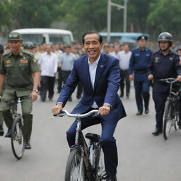 President Jokowidodo riding a bicycle in a public area, with a joyful expression with security detail in the background.