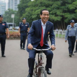 President Jokowidodo riding a bicycle in a public area, with a joyful expression with security detail in the background.