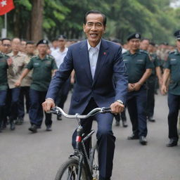 President Jokowidodo riding a bicycle in a public area, with a joyful expression with security detail in the background.