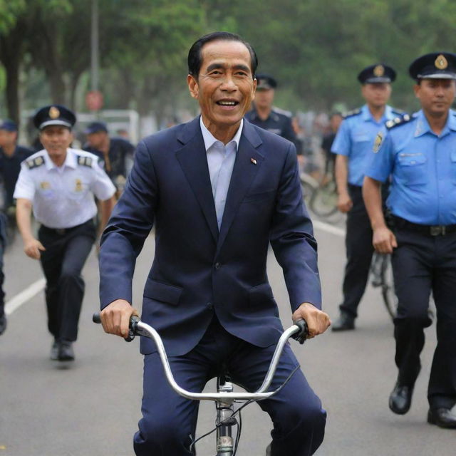 President Jokowidodo riding a bicycle in a public area, with a joyful expression with security detail in the background.