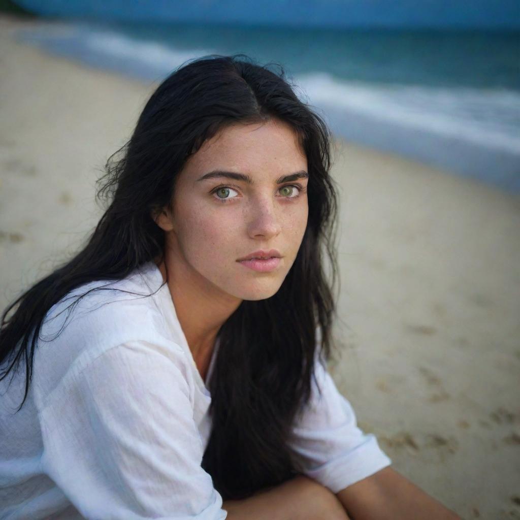 Create a high-lit, raw-style 4K HD, medium-distance shot of a 23-year-old female with a medium body build, green eyes, freckles, and long black hair with white streaks in the bangs. Wearing casual clothes, she is relaxing, lying on the sand at a Brazilian beach at night.