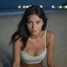 Create a high-lit, raw-style 4K HD, medium-distance shot of a 23-year-old female with a medium body build, green eyes, freckles, and long black hair with white streaks in the bangs. Wearing casual clothes, she is relaxing, lying on the sand at a Brazilian beach at night.