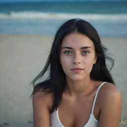 Create a high-lit, raw-style 4K HD, medium-distance shot of a 23-year-old female with a medium body build, green eyes, freckles, and long black hair with white streaks in the bangs. Wearing casual clothes, she is relaxing, lying on the sand at a Brazilian beach at night.