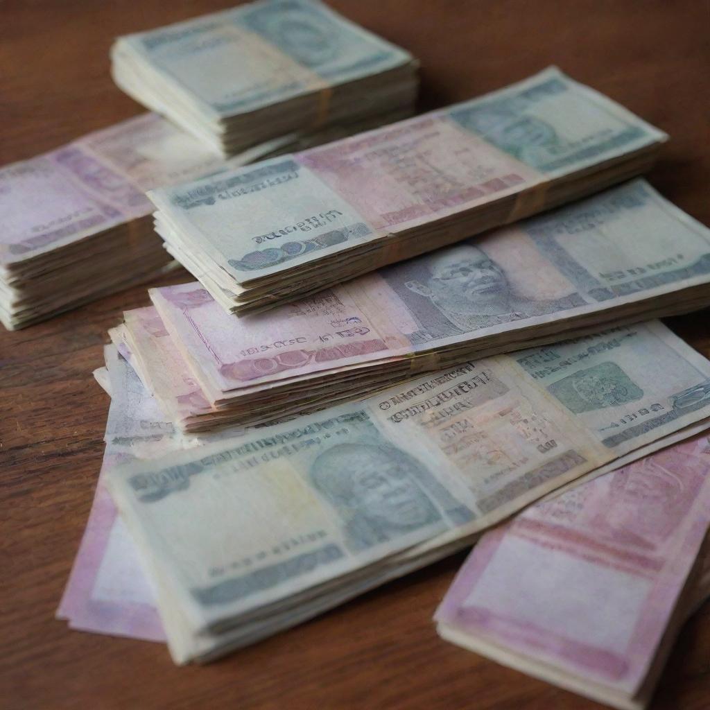 A stack of Indian 500 rupee notes amounting to 5 lakh rupees neatly arranged on a wooden table