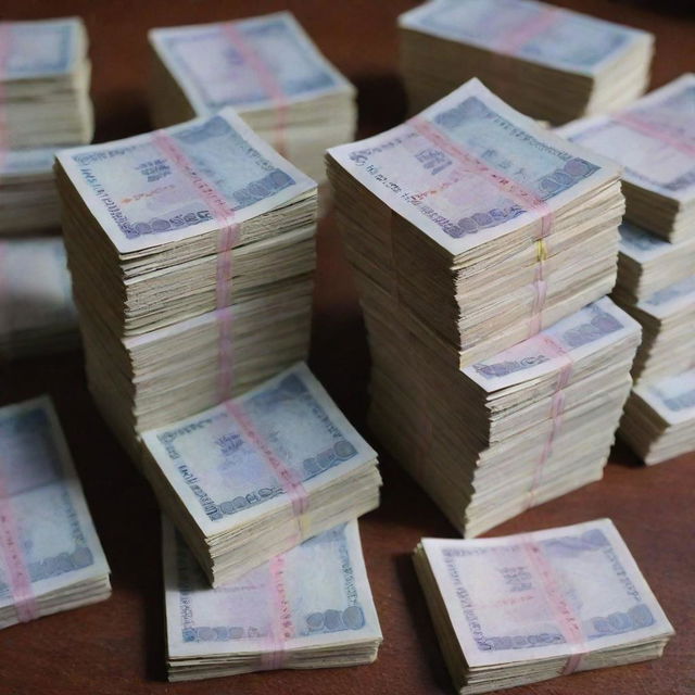 A stack of Indian 500 rupee notes amounting to 5 lakh rupees neatly arranged on a wooden table