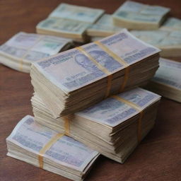 A stack of Indian 500 rupee notes amounting to 5 lakh rupees neatly arranged on a wooden table