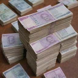 A stack of Indian 500 rupee notes amounting to 5 lakh rupees neatly arranged on a wooden table