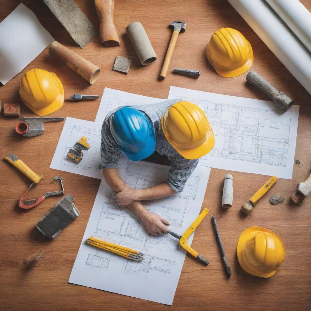 a vibrant and professional advertisement for a building contractor, filled with architectural designs and construction equipment