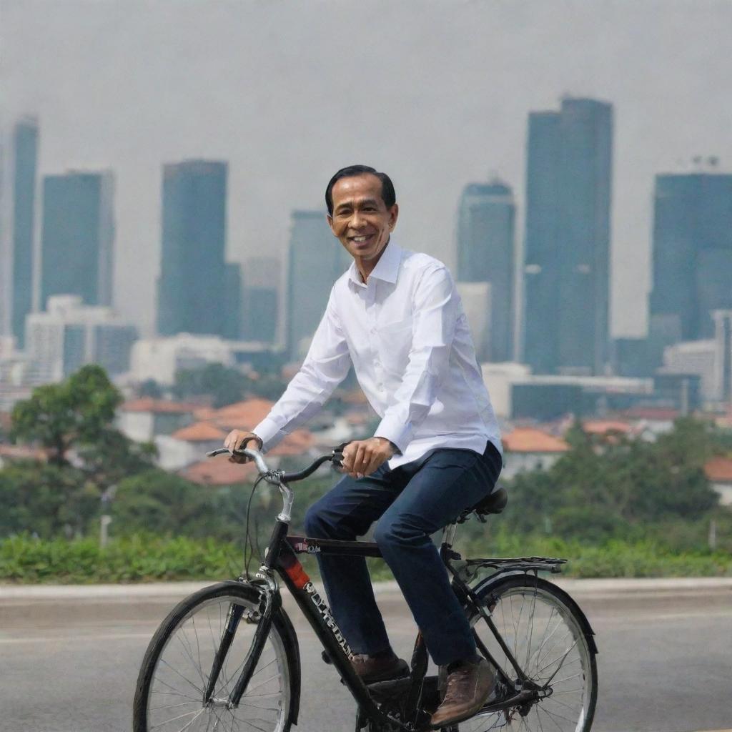 Indonesian President Joko Widodo, popularly known as Jokowi, clad in casual attire, riding a bicycle with a backdrop of Jakarta cityscape.