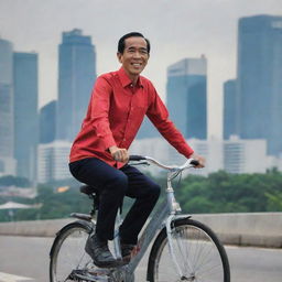 Indonesian President Joko Widodo, popularly known as Jokowi, clad in casual attire, riding a bicycle with a backdrop of Jakarta cityscape.