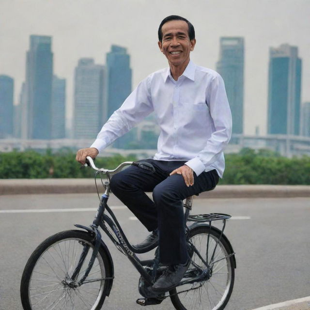 Indonesian President Joko Widodo, popularly known as Jokowi, clad in casual attire, riding a bicycle with a backdrop of Jakarta cityscape.