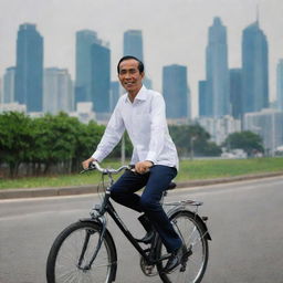 Indonesian President Joko Widodo, popularly known as Jokowi, clad in casual attire, riding a bicycle with a backdrop of Jakarta cityscape.