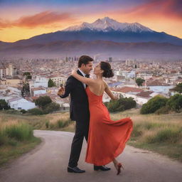 A vibrant landscape capturing the essence of Argentina, with its majestic mountain ranges, sprawling pampas, Buenos Aires city skyline, and tango dancers in the streets, under a magnificent sunset