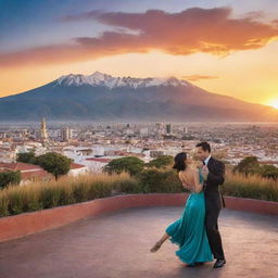 A vibrant landscape capturing the essence of Argentina, with its majestic mountain ranges, sprawling pampas, Buenos Aires city skyline, and tango dancers in the streets, under a magnificent sunset