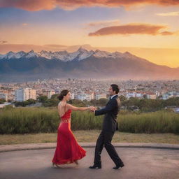 A vibrant landscape capturing the essence of Argentina, with its majestic mountain ranges, sprawling pampas, Buenos Aires city skyline, and tango dancers in the streets, under a magnificent sunset