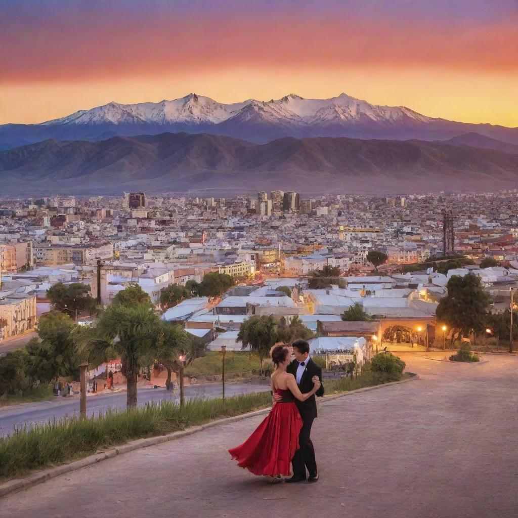 A vibrant landscape capturing the essence of Argentina, with its majestic mountain ranges, sprawling pampas, Buenos Aires city skyline, and tango dancers in the streets, under a magnificent sunset