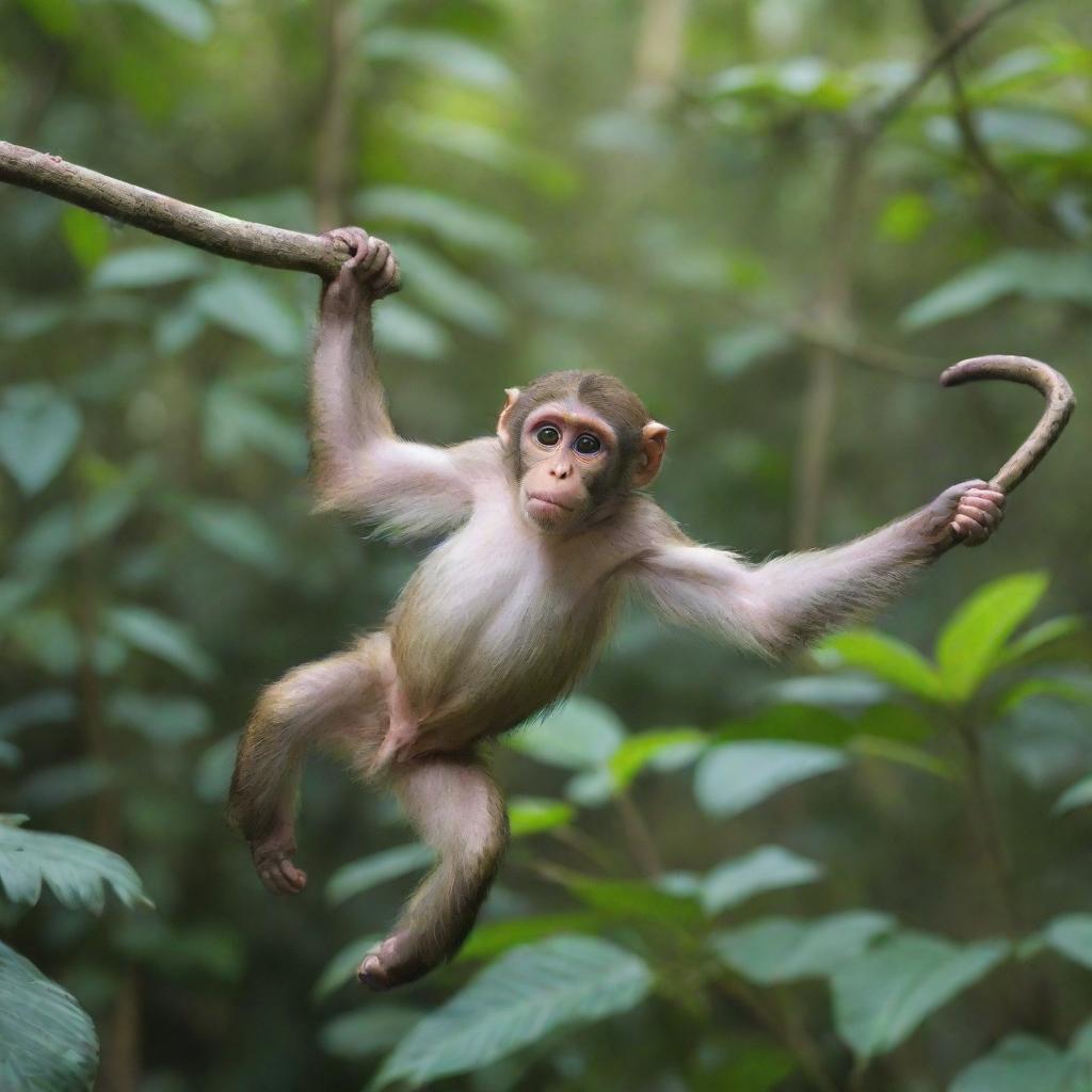 A playful monkey gracefully swinging through the lush, tropical rainforest