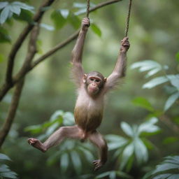 A playful monkey gracefully swinging through the lush, tropical rainforest