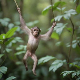 A playful monkey gracefully swinging through the lush, tropical rainforest