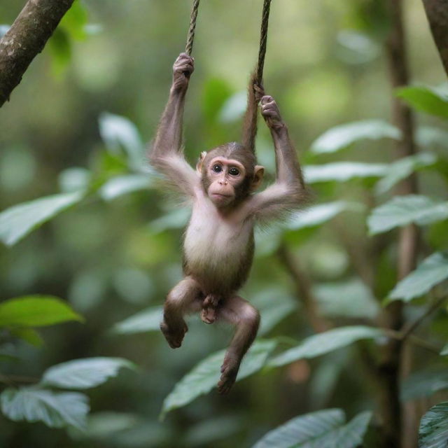 A playful monkey gracefully swinging through the lush, tropical rainforest