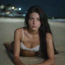 Capture a dramatically illuminated, raw-style 4K HD, medium-distance shot of a 23-year-old female with a medium body build, green eyes, freckles, and long black hair with white streaks in the bangs. Dressed casually, she is relaxing, lying on the sand at a Brazilian beach at night.