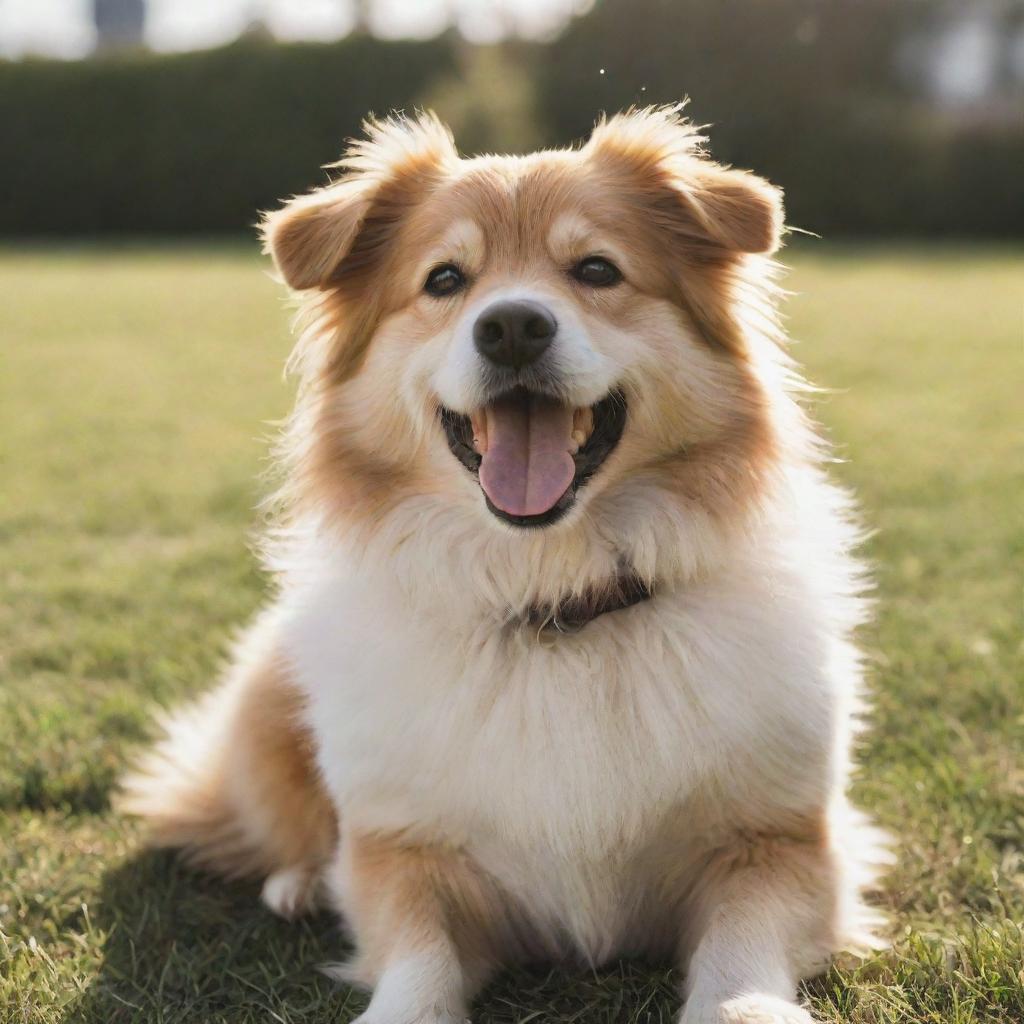 A cute, fluffy dog with sparkling eyes and a joyful demeanor, sitting playfully on a sunlit soft grassy area