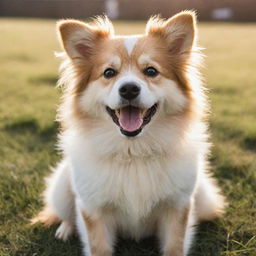 A cute, fluffy dog with sparkling eyes and a joyful demeanor, sitting playfully on a sunlit soft grassy area