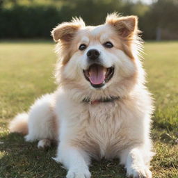 A cute, fluffy dog with sparkling eyes and a joyful demeanor, sitting playfully on a sunlit soft grassy area