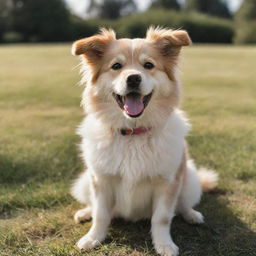 A cute, fluffy dog with sparkling eyes and a joyful demeanor, sitting playfully on a sunlit soft grassy area