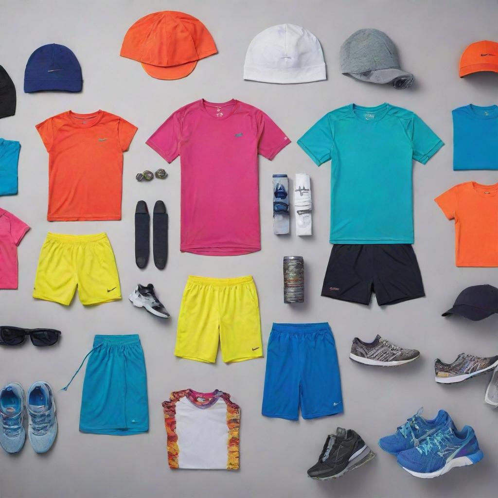 A collection of fashionable sports wear including performance enhancing shirts, shorts, shoes and accessories in vibrant colors.