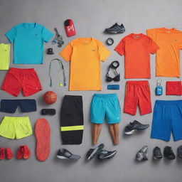 A collection of fashionable sports wear including performance enhancing shirts, shorts, shoes and accessories in vibrant colors.