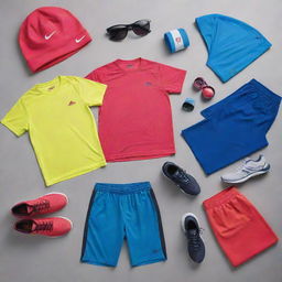 A collection of fashionable sports wear including performance enhancing shirts, shorts, shoes and accessories in vibrant colors.